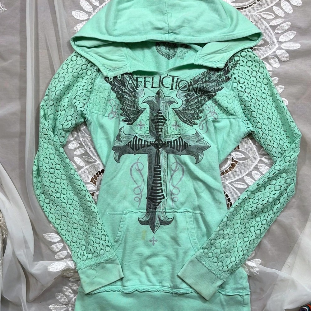 Y2K Goth Affliction Teal Mint Green Lace Sleeve Graphic Hoodie Cross Wings S